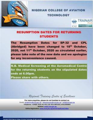 NCAT change in resumption date for returning students