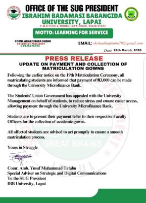 IBBUL SUG update on payment and collection of matriculation gowns