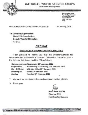 NYSC releases 2026 Batch 'A' Stream I Orientation Course schedule