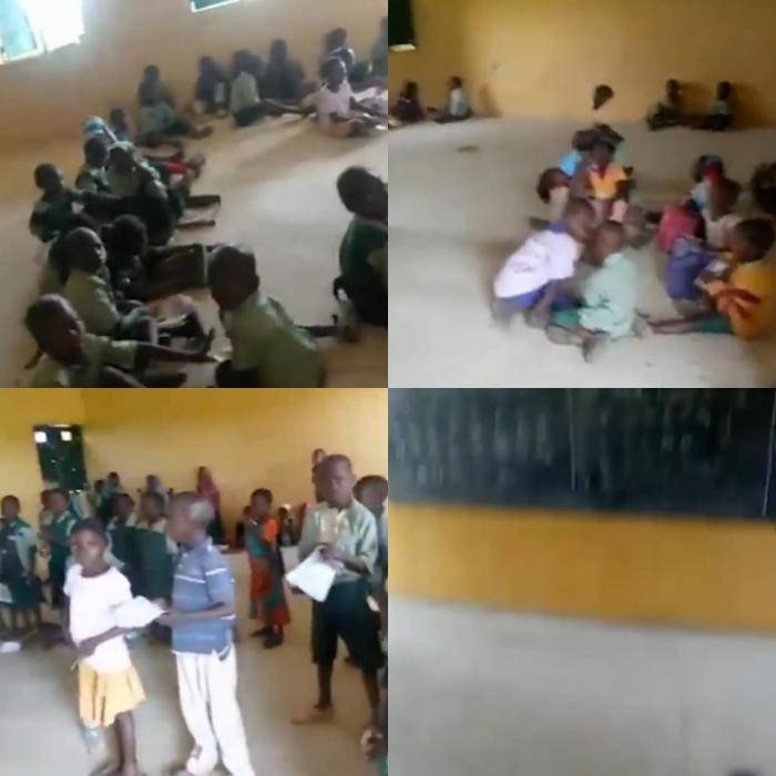 Video of an Abuja primary school where pupils sit on the floor to learn
