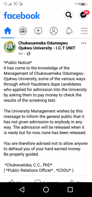 COOU scam alert notice to prospective students