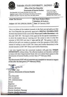 TSU notice to all final year students