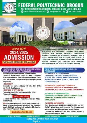 Fed Poly Orogun, Delta releases admission form, 2024/2025