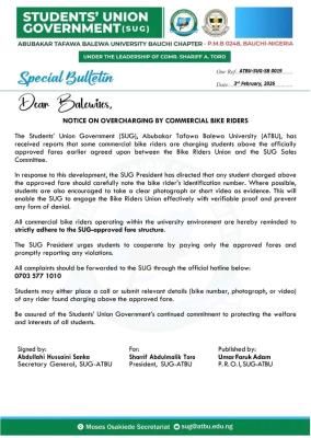 ATBU SUG notice to students regarding approved bike fares within the campus