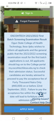 OSCOHTECH 1st batch screening examination result, 2021/2022