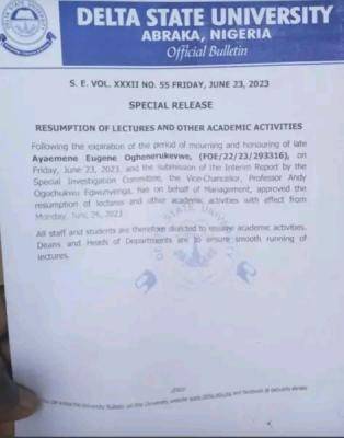 DELSU notice on resumption of lectures and other academic activities