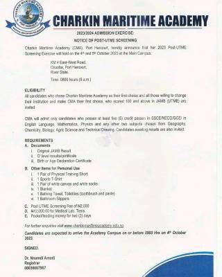 Charkin Maritime Academy notice of Post UTME screening exercise, 2023/2024