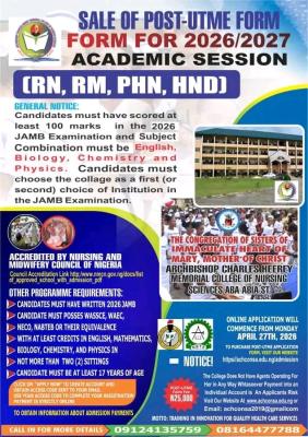 Archbishop Charles Heerey Memorial College of Nursing Sciences, Aba Nursing Post-UTME form, 2026/2027