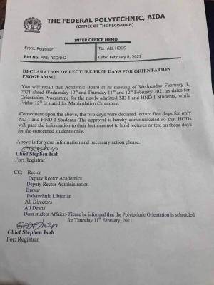 Fed Poly Bida orientation and matriculation ceremony, 2019/2020