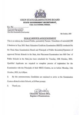 Osun State Government notice to students on placement exam into SS1