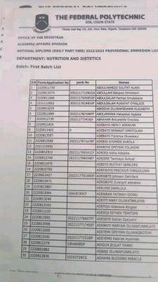 EDEPOLY ND (Daily Part-Time) 1st batch admission list, 2023/2023