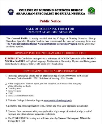 Bishop Shanahan Specialist Hospital College of Nursing Sciences, Nsukka Admission, 2026/2027