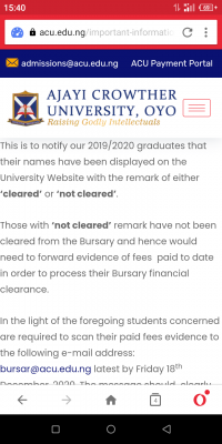 Ajayi Crowther University notice to 2019/2020 graduates on bursary final clearance