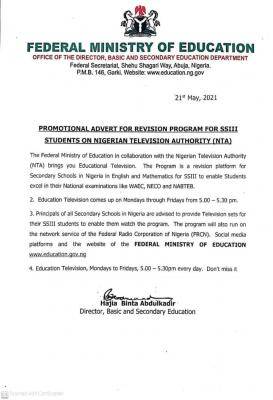 Federal Government announces revision programme for SS3 students
