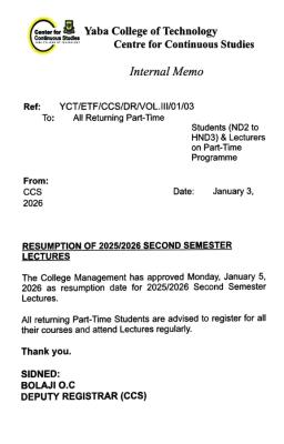YABATECH announces resumption date for returning part time students