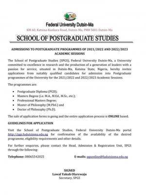 FUDutsin-ma Postgraduate Admission form, 2021/2022 & 2022/2023 academic session