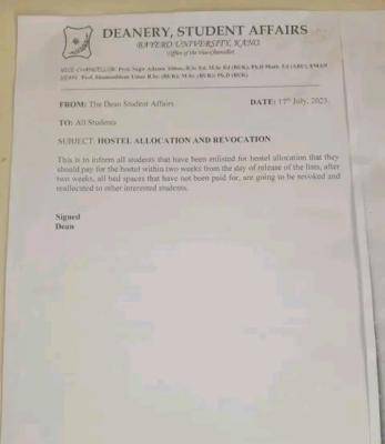 BUK notice on payment of hostel accommodation fee