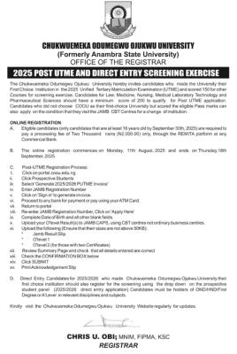 COOU Post-UTME/DE 2025: Cut-off mark, Eligibility and Registration Details