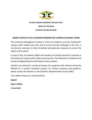 Sa'adu Zungur University issues important notice to students residing off campus