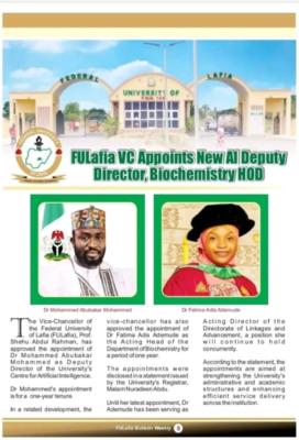 FULafia VC Appoints New AI Deputy Director, Biochemistry HOD