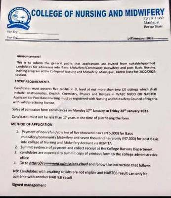 College of Nursing & Midwifery, Borno Admission, 2022/2023
