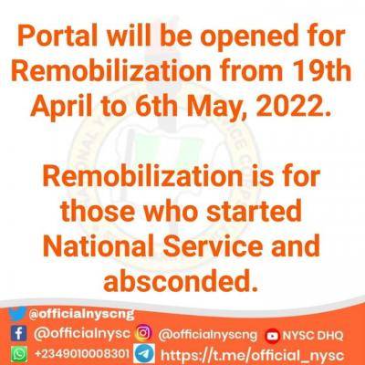 NYSC Opens Portal for Remobilization