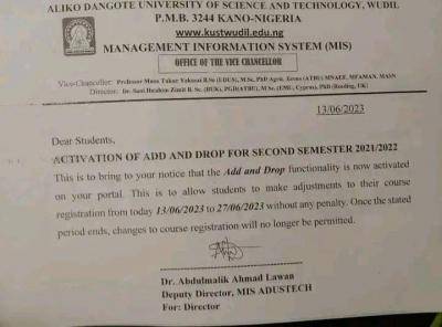 Aliko Dangote University activates add and drop for second semester, 2021/2022