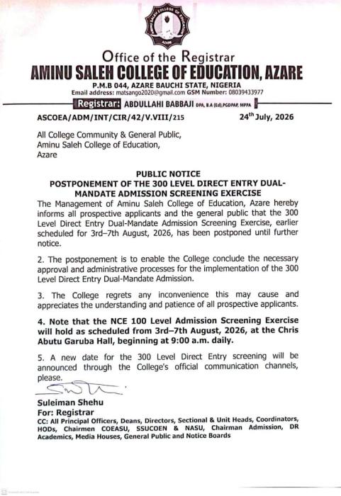 ASCOEA postpones 300L DE Dual-mandate admission screening exercise