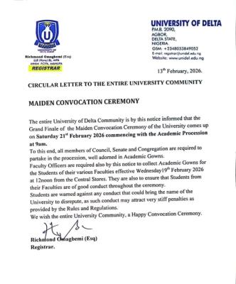 University of Delta, Agbot announces maiden convocation ceremony
