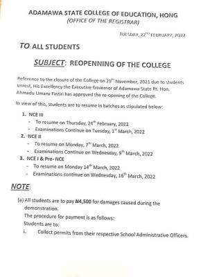 Adamawa State COE NCE III 2nd semester examination timetable, 2020/2021