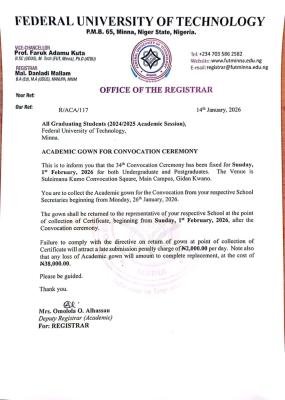 FUTMINNA issues directive on collection of Academic gowns for 34th convocation ceremony