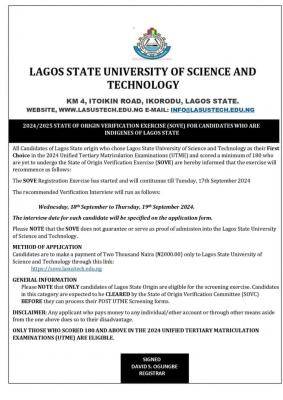 LASUSTECH notice to applicants yet to undergo indegenship verification, 2024/2025