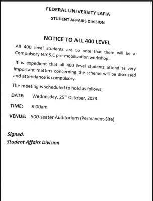 FULAFIA important notice to all 400 Level students