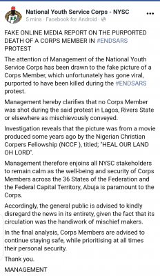 NYSC disclaims death of Corps Member in the #EndSARS protest