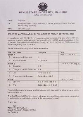 BSU notice on order of matriculation by faculties on April 16th