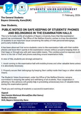 BUK SUG notice to students on safe keeping of phones during examinations