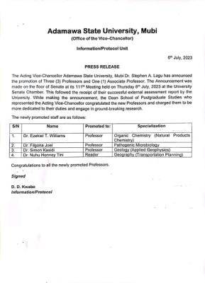 Adamawa State University announces 3 newly promoted professors
