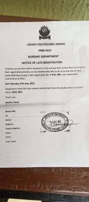 Gboko Polytechnic notice on late registration