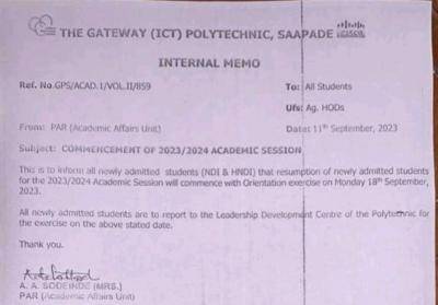 Gateway ICT Poly notice on commencement of 2023/2024 session
