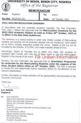 UNIBEN announces matriculation ceremony, 2022/2023