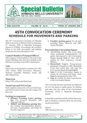 ABU releases schedule for movements and parking ahead of 45th convocation