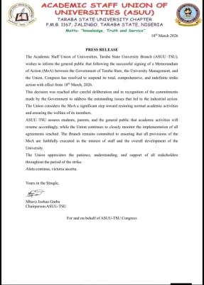 Taraba State University ASUU suspends indefinite strike