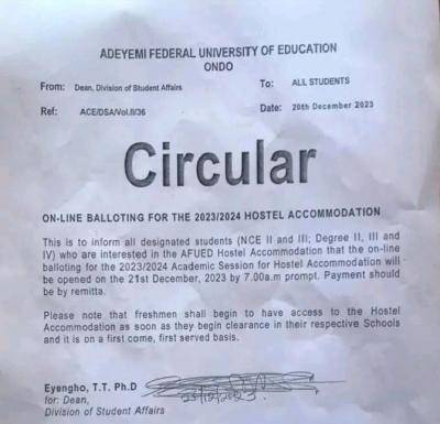 Adeyemi COE notice of online balloting for hostel accommodation, 2023/2024