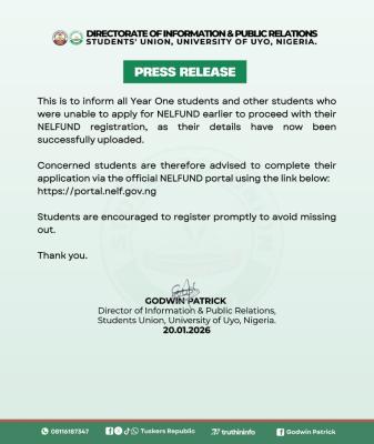 UNIUYO SUG releases update on NELFUND Registration