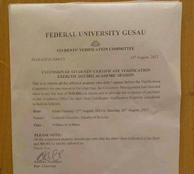 FUGUSAU notice on extension of Student's certificate verification exercise, 2021/2022