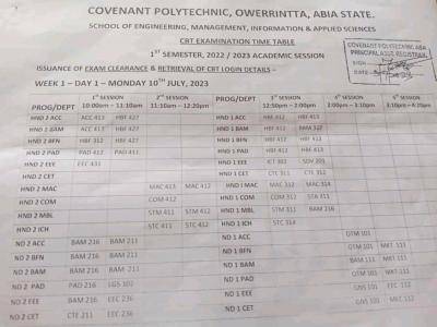 Covenant Poly 1st semester CBT examination timetable, 2022/2023
