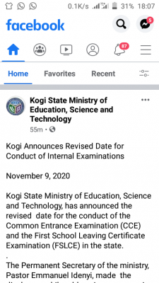 Kogi State announces revised date for conduct of internal examinations