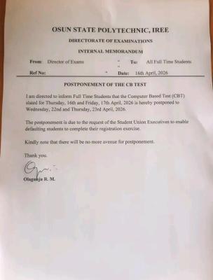 Osun State Poly Iree notice on postponement of CB Test