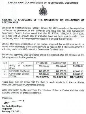 LAUTECH notice to graduates on collection of certificates