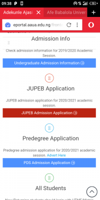 AAUA JUPEB admission form for 2020/2021 session
